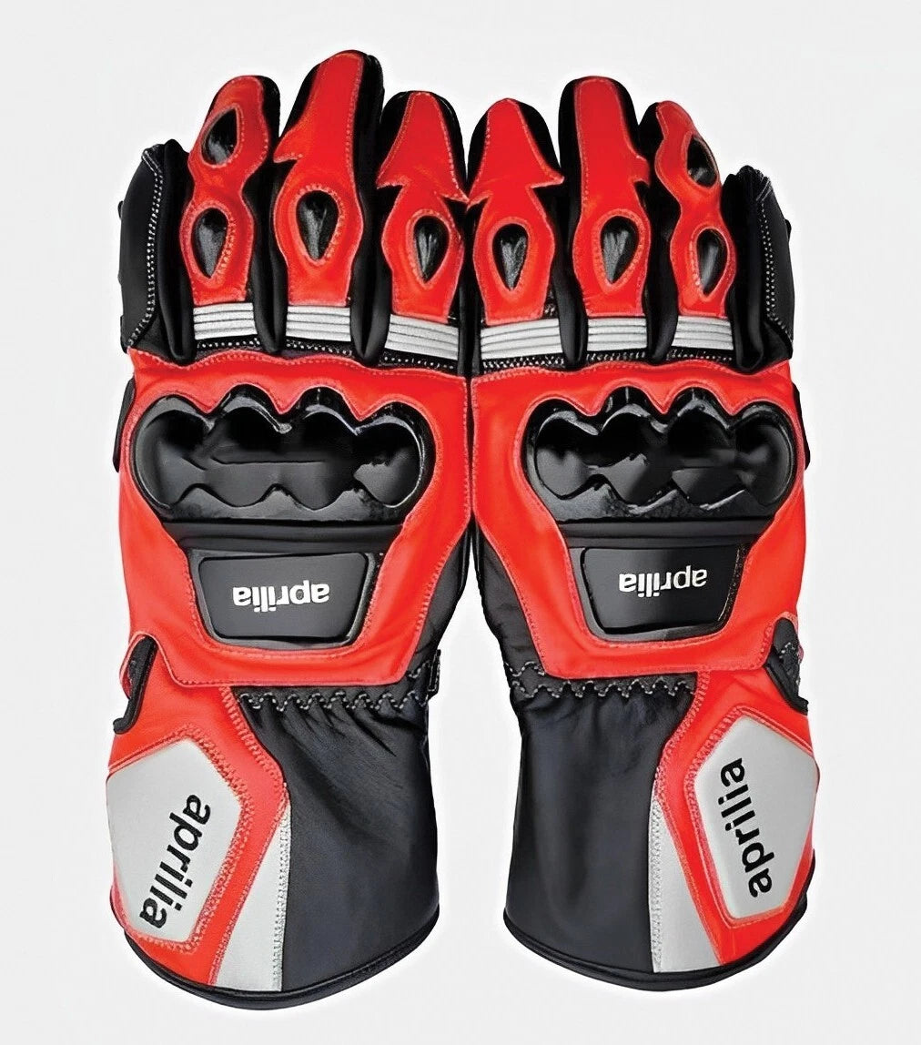 Aprilia leather motorcycle racing gloves in red and black with multi-pod knuckle armor.